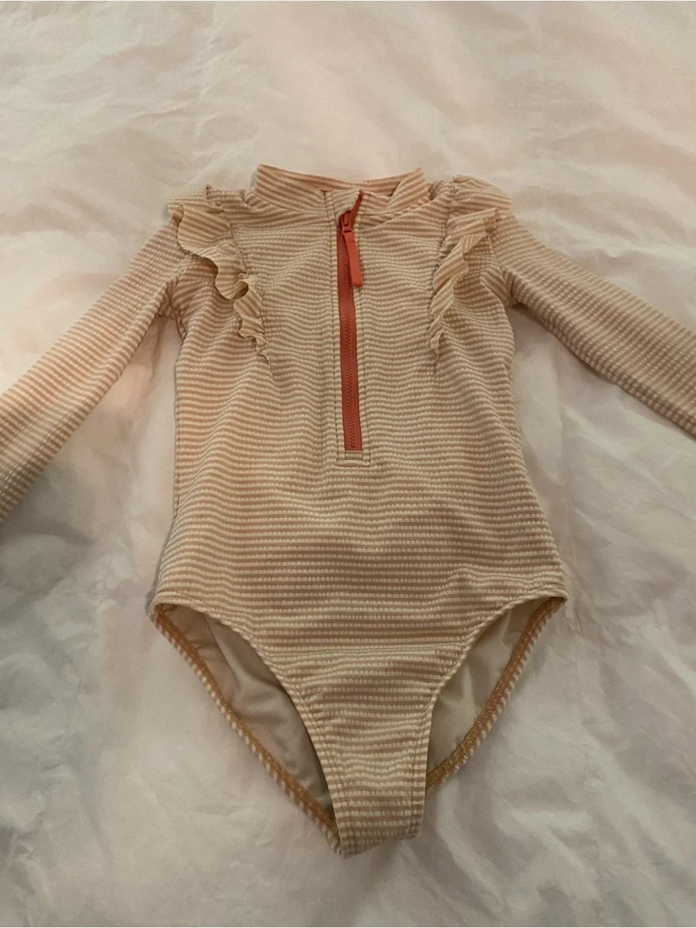 Pehr Long Sleeve One-Piece Swimsuit in Pink and Beige Stripe 4-5T